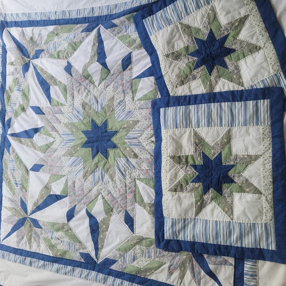 Queen Size Mariners Compass Star Of Bethlehem Quilt Blanket With Shams